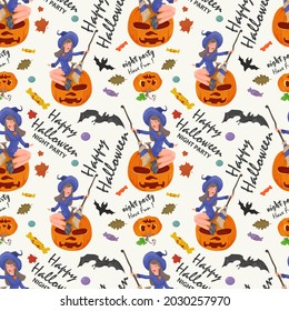 seamless pattern for Halloween party, Witch with a broom sitting on a pumpkin, flat illustration for design decoration