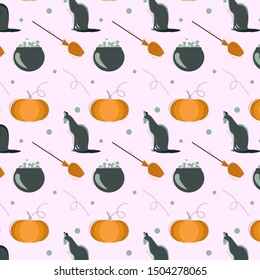 seamless pattern halloween pattern.Halloween holiday seamless pattern background with hand drawing elements - pumpkin, hat, cat and skull. Vector illustration