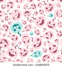 Seamless pattern with halloween pink blue pumpkins carved faces. Can be used for scrapbook digital paper, textile print, page fill. Vector illustration