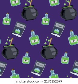 Seamless pattern for halloween. Poisons and the witch's cauldron. A book on the study of poisons.
