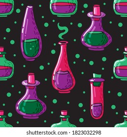 Seamless pattern with Halloween potion. Vector illustration.  Design element for banner, wallpaper, wrapping paper, fabric.