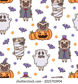 Nahtloses Muster mit Halloween-Pughunden in Kostümen (Geist, Vampire, Mummy, Zauberer) auf weißem Hintergrund. Vektorgrafik im Cartoon-Stil für Feiertage.