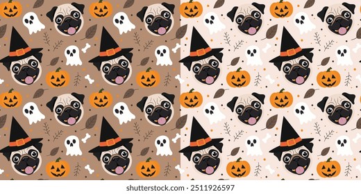 Seamless pattern with Halloween pug dogs, ghost, pumpkins, leaves. Vector illustration in cartoon style for holiday celebration.