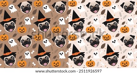 Seamless pattern with Halloween pug dogs, ghost, pumpkins, leaves. Vector illustration in cartoon style for holiday celebration.