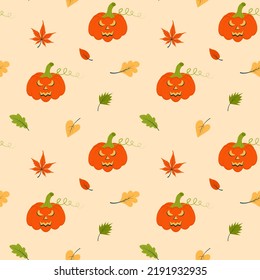 Patrón sin foco con calabaza de halloween y hojas de otoño. Perfecto para papel tapiz, papel de regalo, rellenos de patrones, fondo de página web, tarjetas de felicitación de otoño. 