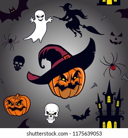 Seamless pattern Halloween pumpkin with black hat