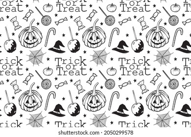 seamless pattern halloween pumpkin black and white vector isolated doodle