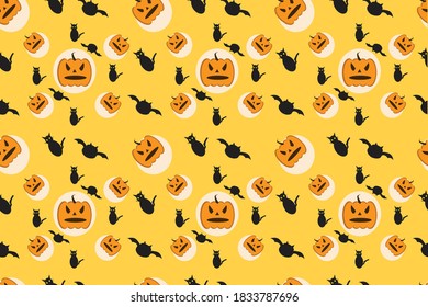 Seamless Pattern Halloween Pumpkin Cat And Bat