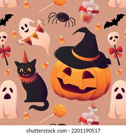 Seamless pattern for halloween. Pumpkin, cat and ghosts. Vector image.