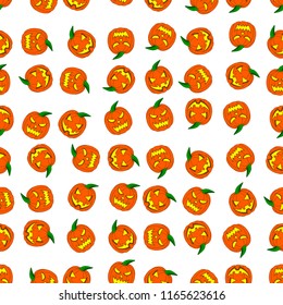Seamless Pattern with Halloween Pumpkin. Cute Cartoon Halloween Pumpkin with funny face for Your Design, Game, Card, Website. Vector Illustration.