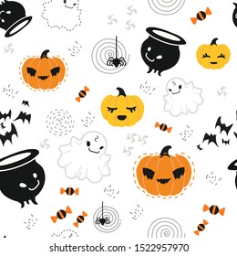 Seamless pattern for Halloween with pumpkin and decorative elements of Halloween-themed in a flat style, for a gift wrap, textiles or holiday decoration.