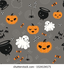 Seamless pattern for Halloween with pumpkin and decorative elements of Halloween-themed in a flat style, for a gift wrap, textiles or holiday decoration.