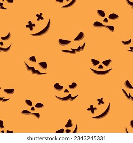 Seamless pattern with Halloween pumpkin emotions on an orange background. Print for notes, textile printing, page filling. Vector illustration