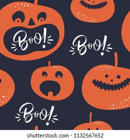 Seamless pattern. Halloween Pumpkin faces with "Boo!" hand drawn lettering.