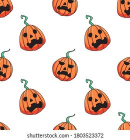 seamless pattern of halloween pumpkin with funny face on white background