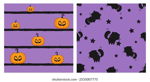 Seamless pattern with Halloween pumpkin ghost on stripe purple background. Seamless pattern with black cat and star on purple background vector.