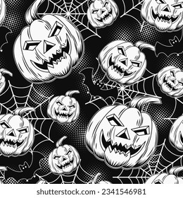 Seamless pattern with halloween pumpkin head of various size, spiderweb, silhouette of bat. Black background textured with circular halftone shapes. Traditional black and white illustration.