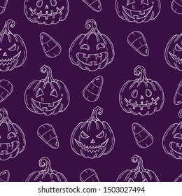 Seamless pattern with Halloween   Pumpkin Jack and candy corn in sketch style isolated on white. Festive texture for packages, backgrounds, web pages