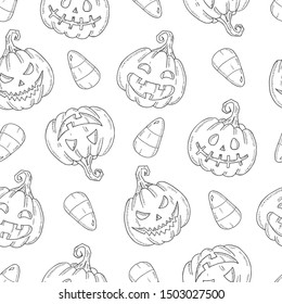 Seamless pattern with Halloween   Pumpkin Jack and candy corn in sketch style isolated on white. Festive texture for packages, backgrounds, web pages
