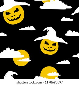 seamless pattern halloween pumpkin moon clouds on black