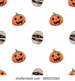 seamless pattern of halloween pumpkin and mummy on white background