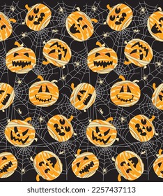 Seamless Pattern of Halloween Pumpkin Mummy with Spider Web- Halloween Vector Illustration