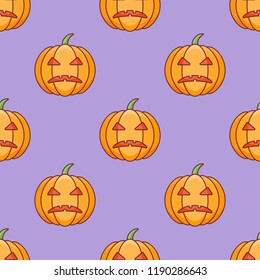 Seamless pattern with halloween  pumpkin on purple background. Vector texture.