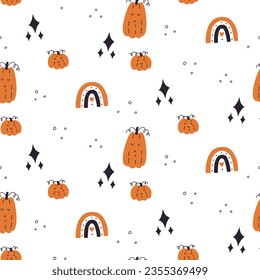 Seamless pattern halloween pumpkin rainbow star in hand drawn style. Halloween background