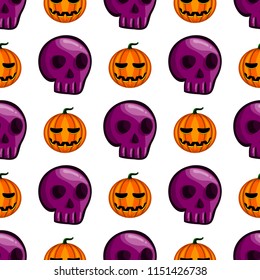 Seamless pattern with Halloween pumpkin and skull. Holiday illustration