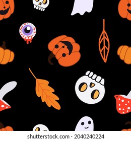 Seamless pattern halloween pumpkin skull ghost isolated on black. For card, textile, fabric, wallpaper, paper design