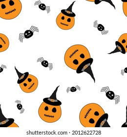 Seamless pattern Halloween pumpkin spiders vector illustration