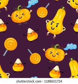 Seamless Pattern with Halloween Pumpkin and Sweets