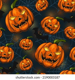 Seamless pattern with halloween pumpkin symbol, spiderweb, silhouette of bat. Pumpkins stylized as grinning human male face. Textured dark blue background with round halftone shapes.