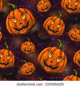 Seamless pattern with halloween pumpkin symbol, spiderweb, silhouette of bat. Pumpkins stylized as grinning human female face. Dark violet background with round halftone shapes.
