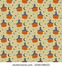 Seamless pattern with Halloween pumpkin wear a wizard hat and star element on beige background. Trick or Treat.