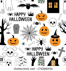 Seamless pattern Halloween pumpkin, witch hat, bat, spider, cross, skull, ghost vector illustration