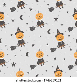 Seamless pattern for Halloween with pumpkin witch on a broomstick.