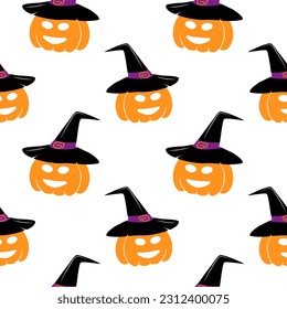 Seamless pattern of Halloween pumpkin in a witch hat with smiling face in trendy shades.