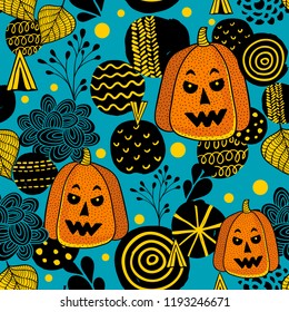 Seamless pattern with halloween pumpkins and abstract design elements. Vector endless background.