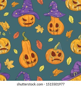 Seamless pattern. Halloween Pumpkins with Autumn Foliage