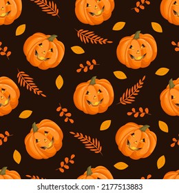 Seamless pattern with Halloween pumpkins and autumn leaves. October harvest. Vector illustration for fabrics, textures, wallpapers, posters, cards. Editable elements.