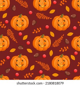 Seamless pattern with Halloween pumpkins, autumn leaves, fir cones and red berries. October harvest. Vector illustration for fabrics, textures, wallpapers, posters, cards. Editable elements.