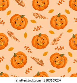 Seamless pattern with Halloween pumpkins and autumn leaves. October harvest. Vector illustration for fabrics, textures, wallpapers, posters, cards. Editable elements.