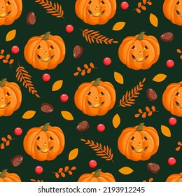 Seamless pattern with Halloween pumpkins, autumn leaves, fir cones and red berries. October harvest. Vector illustration for fabrics, textures, wallpapers, posters, cards. Editable elements.
