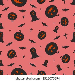 Seamless pattern with Halloween pumpkins, bats and ghosts
