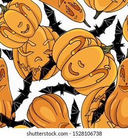 Seamless pattern with halloween pumpkins and bats. Fun vector texture for festive textiles, napkins.