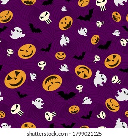 Seamless Pattern for Halloween with pumpkins, bats and ghosts.