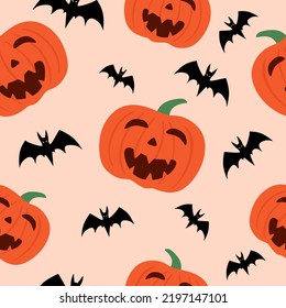 Seamless pattern for Halloween. Pumpkins and bats in childrens style. Bright cartoon pattern for Halloween. color flat vector