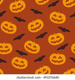 Seamless pattern for Halloween with pumpkins and bats. Vector background.