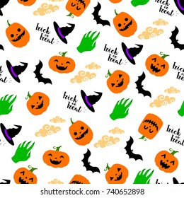Seamless pattern for Halloween with pumpkins, bats, hat and zombie hand. Vector illustration isolated on white background. Happy Halloween day.